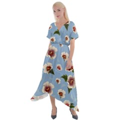 Delicate Hibiscus Flowers On A Blue Background Cross Front Sharkbite Hem Maxi Dress by SychEva