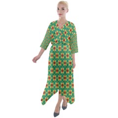 Green Floral Pattern Quarter Sleeve Wrap Front Maxi Dress by designsbymallika