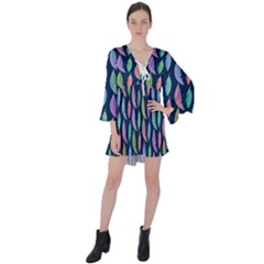 Watercolor Feathers V-neck Flare Sleeve Mini Dress by SychEva