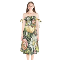 Vintage Floral Shoulder Tie Bardot Midi Dress by dressshop