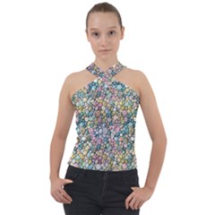 Multicolored Watercolor Stones Cross Neck Velour Top by SychEva