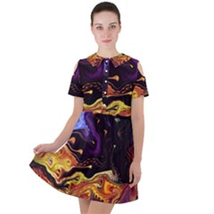 Nebula Starry Night Skies Abstract Art Short Sleeve Shoulder Cut Out Dress  by CrypticFragmentsDesign