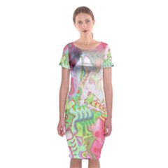 Boho Hippie Trippy Psychedelic Abstract Hot Pink Lime Green Classic Short Sleeve Midi Dress by CrypticFragmentsDesign