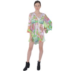 Boho Hippie Trippy Psychedelic Abstract Hot Pink Lime Green V-neck Flare Sleeve Mini Dress by CrypticFragmentsDesign