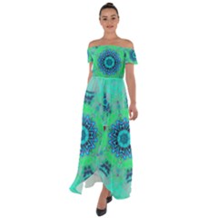 Blue Green  Twist Off Shoulder Open Front Chiffon Dress by LW323