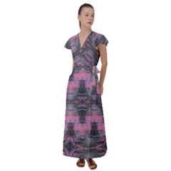 Grey Pink Module  Flutter Sleeve Maxi Dress by kaleidomarblingart