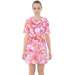 Cherry Blossom Cascades Abstract Floral Pattern Pink White  Sixties Short Sleeve Mini Dress by CrypticFragmentsDesign