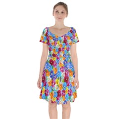 Pansies  Watercolor Flowers Short Sleeve Bardot Dress by SychEva