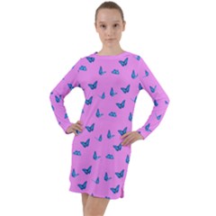 Blue Butterflies At Pastel Pink Color Background Long Sleeve Hoodie Dress by Casemiro