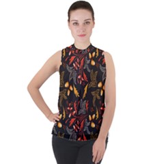 Folk Floral Pattern  Abstract Flowers Surface Design  Seamless Pattern Mock Neck Chiffon Sleeveless Top by Eskimos