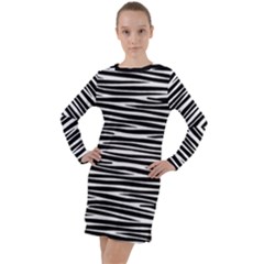 Zebra Stripes, Black And White Asymmetric Lines, Wildlife Pattern Long Sleeve Hoodie Dress by Casemiro