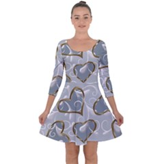   Gold Hearts On A Blue Background Quarter Sleeve Skater Dress by Galinka