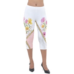 Minimal Peach Gold Floral Marble A Lightweight Velour Capri Leggings  by gloriasanchez