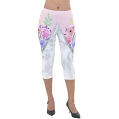 Minimal Pink Floral Marble A Lightweight Velour Capri Leggings  by gloriasanchez