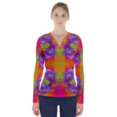 Glitch Futuristic Punk  V-neck Long Sleeve Top by gloriasanchez