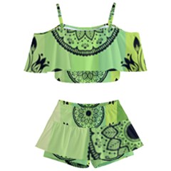 Green Grid Cute Flower Mandala Kids  Off Shoulder Skirt Bikini by Magicworlddreamarts1