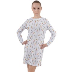 Cute Bunnies And Carrots Pattern, Light Colored Theme Long Sleeve Hoodie Dress by Casemiro