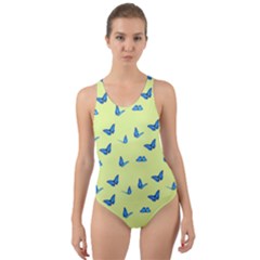 Blue Butterflies At Lemon Yellow, Nature Themed Pattern Cut-out Back One Piece Swimsuit by Casemiro