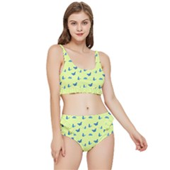 Blue Butterflies At Lemon Yellow, Nature Themed Pattern Frilly Bikini Set by Casemiro