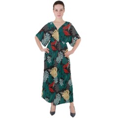 Tropical Autumn Leaves V-neck Boho Style Maxi Dress by tmsartbazaar