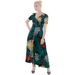 Tropical Autumn Leaves Button Up Short Sleeve Maxi Dress by tmsartbazaar