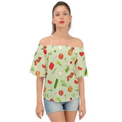 Seamless Pattern With Vegetables  Delicious Vegetables Off Shoulder Short Sleeve Top by SychEva