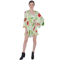 Seamless Pattern With Vegetables  Delicious Vegetables V-neck Flare Sleeve Mini Dress by SychEva