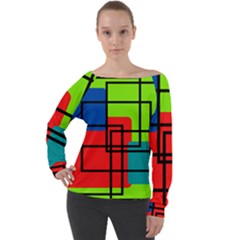 Colorful Rectangle Boxes Off Shoulder Long Sleeve Velour Top by Magicworlddreamarts1