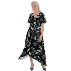 Folk Flowers Art Pattern Cross Front Sharkbite Hem Maxi Dress by Eskimos