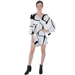 Black And White Abstract Linear Decorative Art V-neck Flare Sleeve Mini Dress by dflcprintsclothing