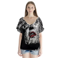 Creepy Head Sculpture Artwork V-neck Flutter Sleeve Top by dflcprintsclothing