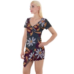 Folk Flowers Pattern Floral Surface Design Short Sleeve Asymmetric Mini Dress by Eskimos