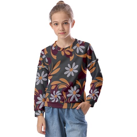 Folk Flowers Pattern Floral Surface Design Kids  Long Sleeve Tee With Frill  by Eskimos