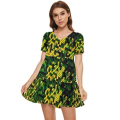 Root Humanity Bar And Qr Code Green And Yellow Doom Tiered Short Sleeve Mini Dress by WetdryvacsLair