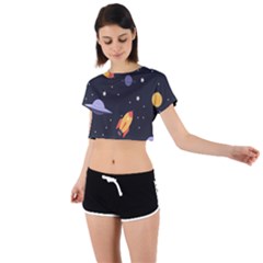 Cosmos Rockets Spaceships Ufos Tie Back Short Sleeve Crop Tee by Sapixe