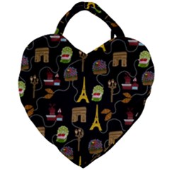 Paris Street Pattern On Black Giant Heart Shaped Tote by Daria3107