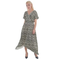 Abstract Silver Ornate Decorative Pattern Cross Front Sharkbite Hem Maxi Dress by dflcprintsclothing