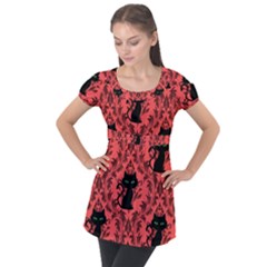 Cat Pattern Puff Sleeve Tunic Top by NerdySparkleGoth