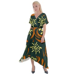 Folk Flowers Pattern Floral Surface Cross Front Sharkbite Hem Maxi Dress by Eskimos