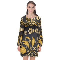 Folk Flowers Pattern Floral Surface Long Sleeve Chiffon Shift Dress  by Eskimos