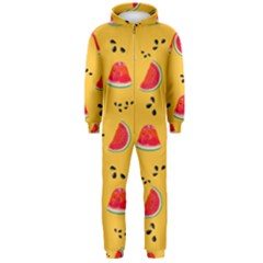 Slices Of Juicy Red Watermelon On A Yellow Background Hooded Jumpsuit (men)  by SychEva