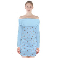 Cute Kawaii Dogs Pattern At Sky Blue Long Sleeve Off Shoulder Dress by Casemiro