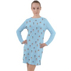 Cute Kawaii Dogs Pattern At Sky Blue Long Sleeve Hoodie Dress by Casemiro