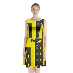 Skyline-city-building-sunset Sleeveless Waist Tie Chiffon Dress by Sudhe