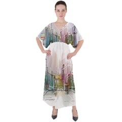 Drawing-watercolor-painting-city V-neck Boho Style Maxi Dress by Sudhe