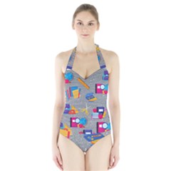 80s And 90s School Pattern Halter Swimsuit by NerdySparkleGoth