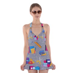 80s And 90s School Pattern Halter Dress Swimsuit  by NerdySparkleGoth