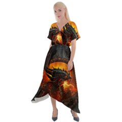 Dragon Fire Fantasy Art Cross Front Sharkbite Hem Maxi Dress by Sudhe