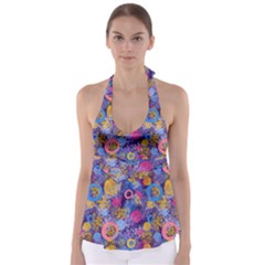 Multicolored Splashes And Watercolor Circles On A Dark Background Babydoll Tankini Top by SychEva