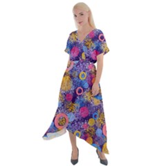 Multicolored Splashes And Watercolor Circles On A Dark Background Cross Front Sharkbite Hem Maxi Dress by SychEva